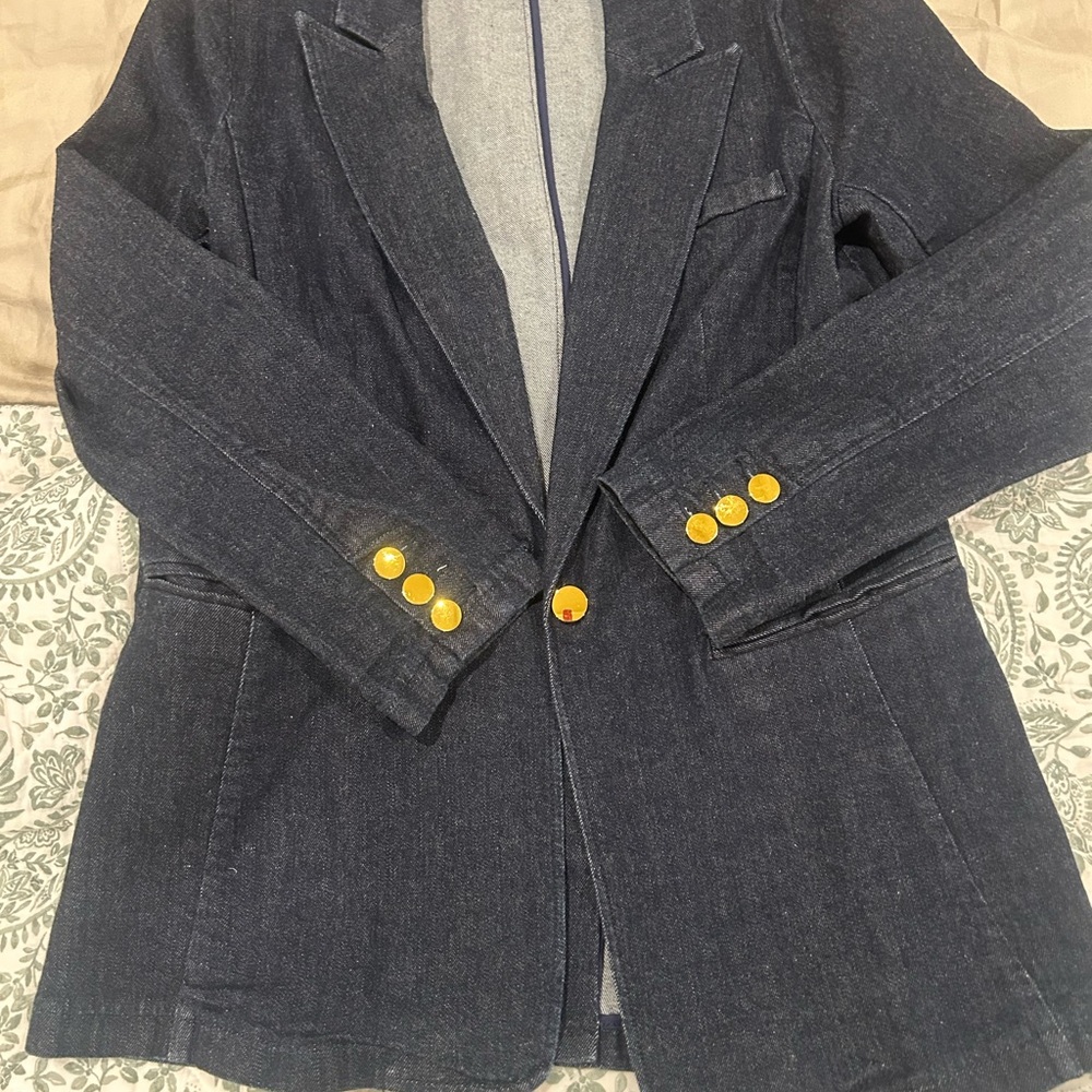 INC International Concepts Dark Indigo Denim Blazer with Gold Buttons